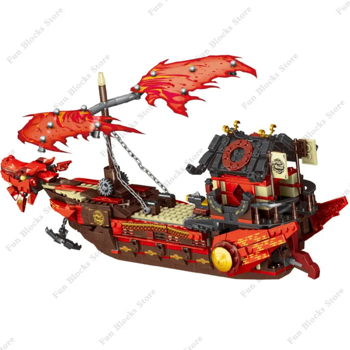 Explore the detailed construction process of the New Phantom Ninja Dragon Ship Model from Lacatang Shop. This model features dragon-themed embellishments with intricate deck designs, crafted from high-quality ABS material. It showcases a striking dragon head at the bow and a beautifully adorned cabin, perfect for creative experts and young builders alike.