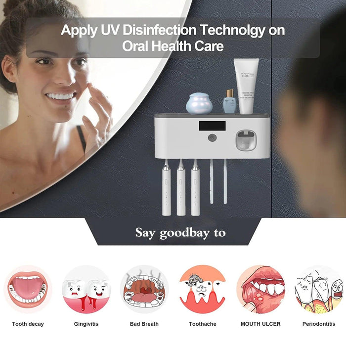 Wall Mounted Toothbrush Holder with Toothpaste Dispenser, Electric Toothbrush Holder for Bathroom, Solar Charging and No Drilling Required Smart Clean Toothbrush Organizer with 5 Brush Slots - Lacatang Shop