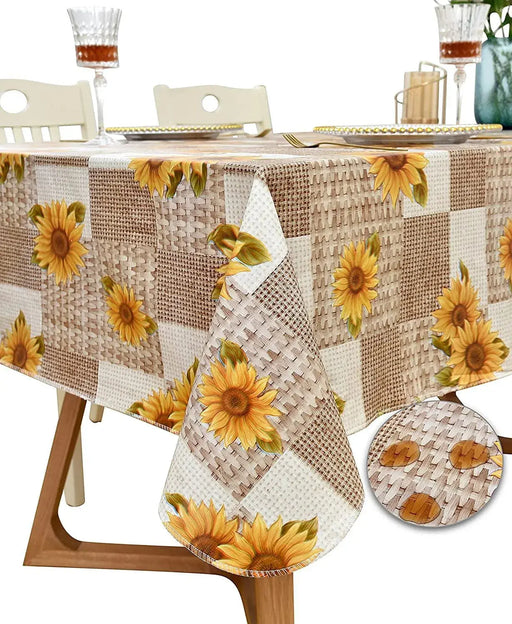 Indoor Outdoor Patio Premium Vinyl Rectangular Tablecloth with Sunflower Pattern