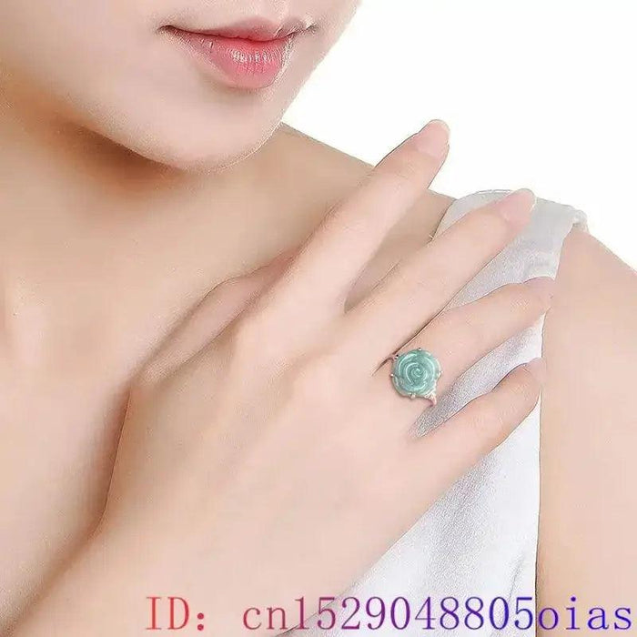 Blue Real Jadeite Rose Jewelry Set Ring Earrings Pendant Necklace 925 Silver Natural Burmese Jade Stone Talismans - Lacatang Shop