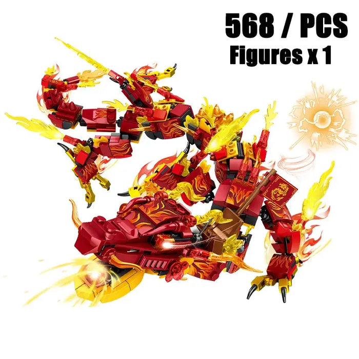 A striking red and yellow dragon, crafted from non-toxic ABS interlocking building blocks, displays vibrant flames emanating from its mouth and body. The text "568/PCS Figures x1" accompanies an image of a luminous orb, showcasing the assembly process of these compatible block toys. This model falls under the New Phantom Ninja Dragon Ship collection by Lacatang Shop.