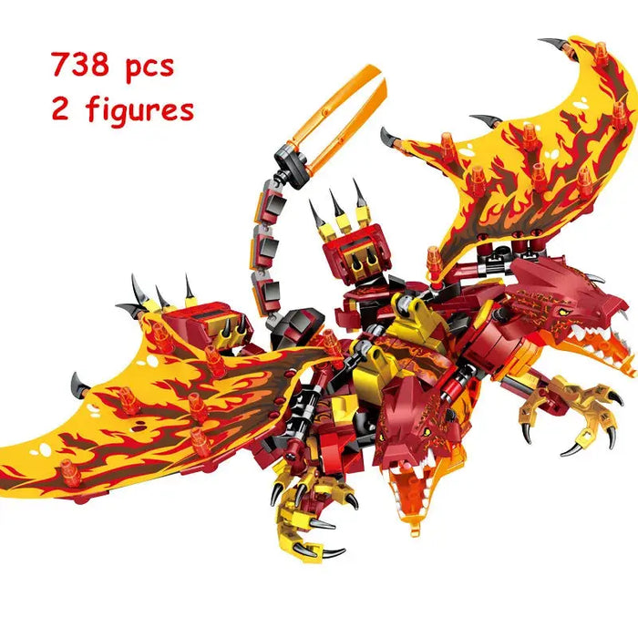 Introducing the vibrant New Phantom Ninja Dragon Ship Model Building Blocks from Lacatang Shop, crafted from non-toxic ABS materials. Featuring fiery wings and claws, this set includes "738 pcs, 2 figures" as depicted in the image. These blocks enhance manipulative skills and provide a fun and creative challenge suitable for all ages.