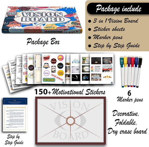 3 in 1 Vision Board: Decorative, Foldable, Dry Erase Vision Board Kit with 200+ Motivational Stickers. 27” X 17” Board to Manifest Your Goals Using Law of Attraction (Zion) - Lacatang Shop