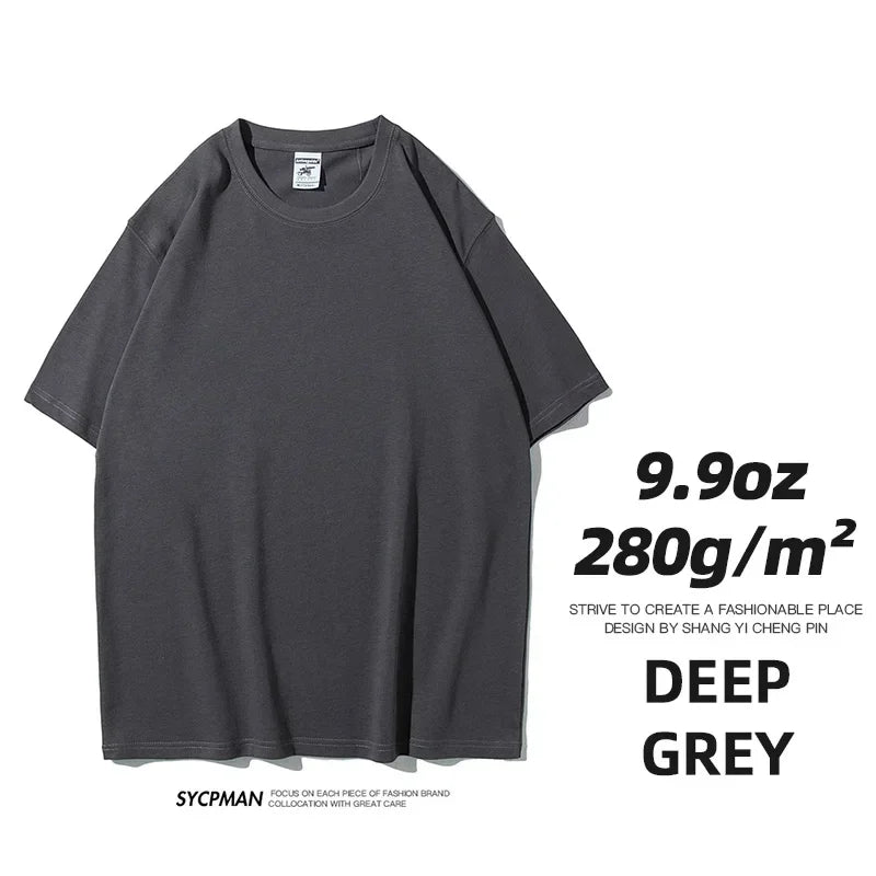 9.9oz 280gsm High Qualtity Oversized Heavy T-shirt for Men Short Sleeve Tee Cotton Solid Color Trend Leisure Green White Black