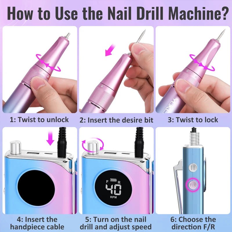 40000RPM ELECTRIC NAIL DRILL MANICURE MACHINE FOR CUTTING UV POLISH GEL 2023NEW RECHARGEABLE PORTABLE ELECTRIC NAIL FILE TOOLS - Lacatang Shop