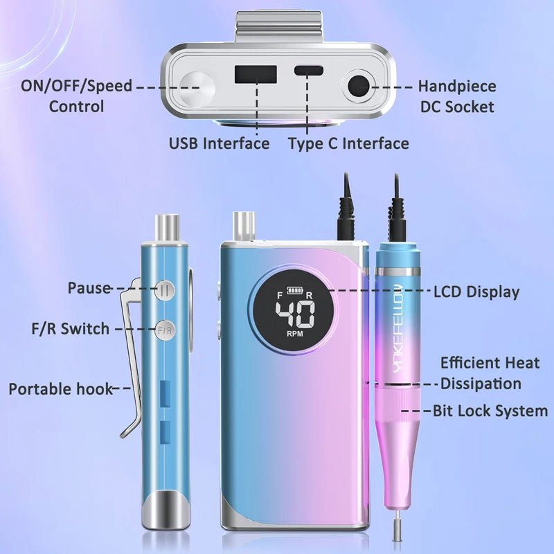 40000RPM ELECTRIC NAIL DRILL MANICURE MACHINE FOR CUTTING UV POLISH GEL 2023NEW RECHARGEABLE PORTABLE ELECTRIC NAIL FILE TOOLS - Lacatang Shop