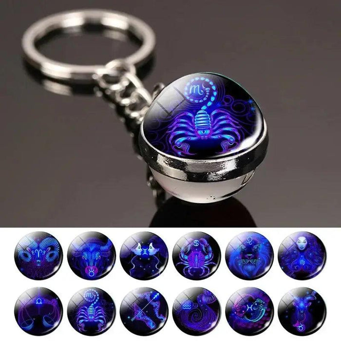 Creative 12 Constellation Key Ring Time Stone Double-Sided Glass Ball Metal Keychain Pendant Key Chain Accessories Fashion Gift - Lacatang Shop