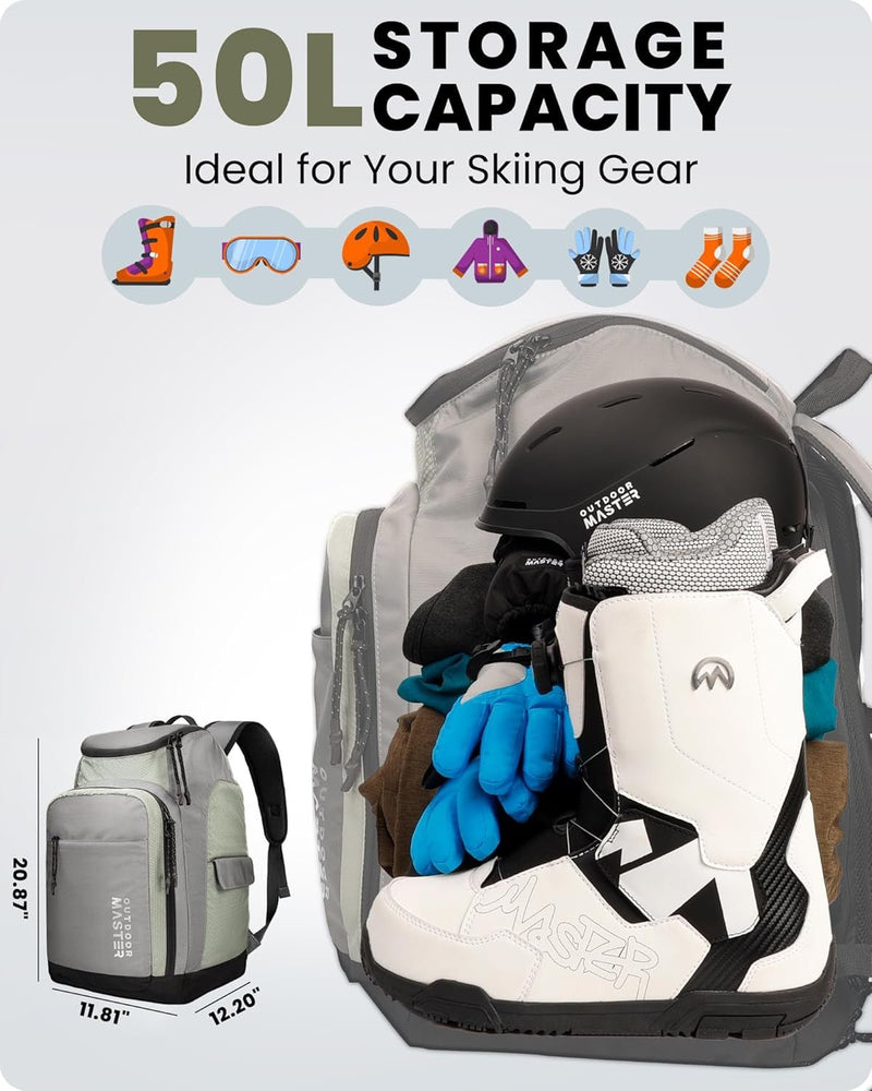 50L Ski Boot Bag - Ski and Snowboard Boots Travel Backpack with Helmet Compartment | Waterproof Exterior & Bottom - Lacatang Shop