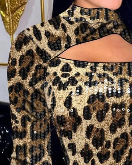 Hot Selling 2024 Fashion Leopard Print Stand Up Collar Long Sleeved Contrasting Sequin Jumpsuit Hollowed Out Women's T-Shirt - Lacatang Shop