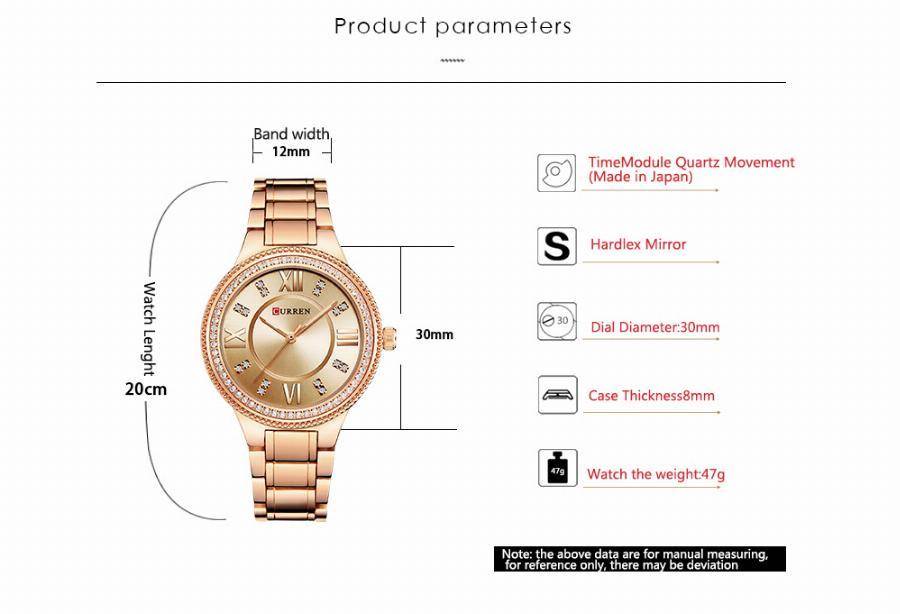 Image of the CASSANDRA Women's Classic Watch by Lilac Quartz, model 550755, featuring a gold-colored design with a crystal-studded bezel. This watch boasts Japan Quartz movement, a 12mm band width, a 30mm dial diameter, and weighs 47g. It is splash water resistant with a Hardlex Mirror. Measurements are approximate.