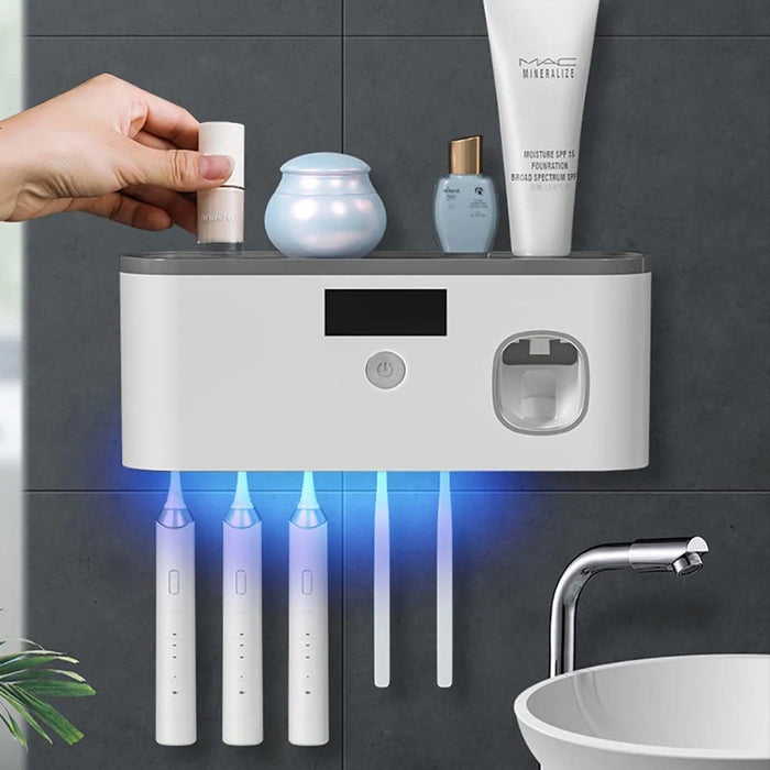 Wall Mounted Toothbrush Holder with Toothpaste Dispenser, Electric Toothbrush Holder for Bathroom, Solar Charging and No Drilling Required Smart Clean Toothbrush Organizer with 5 Brush Slots - Lacatang Shop