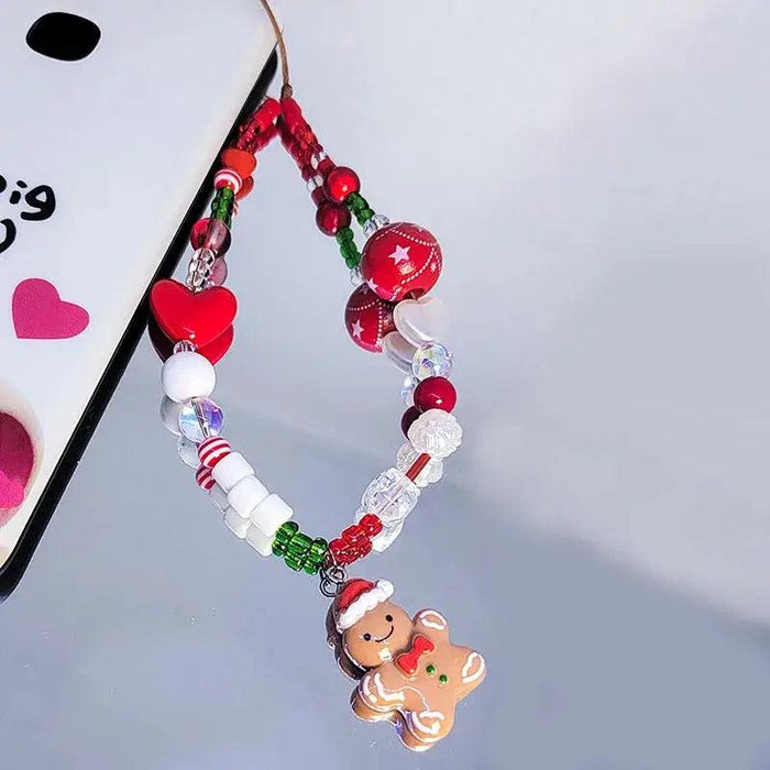 Gingerbread Man Mobile Phone Charm Strap Chain Lanyard Cute Red Green Clear Acrylic Bead Women Christmas Gifts Cellphone Jewelry - Lacatang Shop