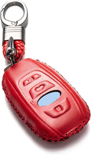 Leather Smart Key Fob Case Cover Compatible with Subaru Forester, Impreza, Outback, WRX, BRZ, XV Crosstrek, Ascent, Solterra 2014 - 2025 (4-Button, Black/Red)