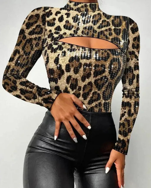 Hot Selling 2024 Fashion Leopard Print Stand Up Collar Long Sleeved Contrasting Sequin Jumpsuit Hollowed Out Women's T-Shirt - Lacatang Shop