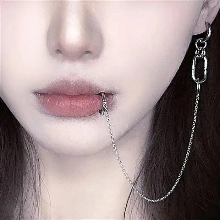 Cool Style Fake Piercing Lip Clip Earring Punk Chain Linked Earrings Hinged Lip Ring For Women Men Fashion Jewelry Accessories - Lacatang Shop