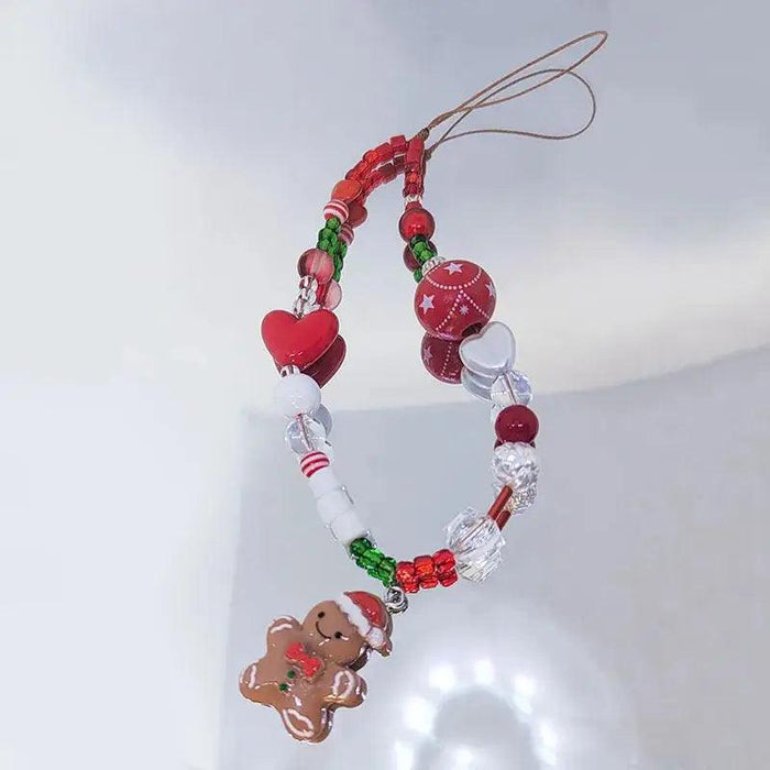 Gingerbread Man Mobile Phone Charm Strap Chain Lanyard Cute Red Green Clear Acrylic Bead Women Christmas Gifts Cellphone Jewelry - Lacatang Shop