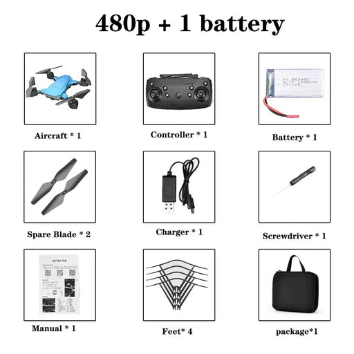 Image showcasing components of the Drone Dual Camera Quadcopter by Lacatang Shop with one battery. Includes an aircraft, controller, battery, two spare blades, charger, screwdriver, manual, four feet, and a carrying package. Each part is neatly labeled with quantities in a clean grid layout.