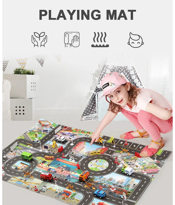 A child in a pink outfit plays on the Lacatang Shop's City Traffic Play Mat for Babies, learning road safety with cars and traffic signs. Durable and comfortable icons float above them, while a cozy teepee tent is set up in the background.