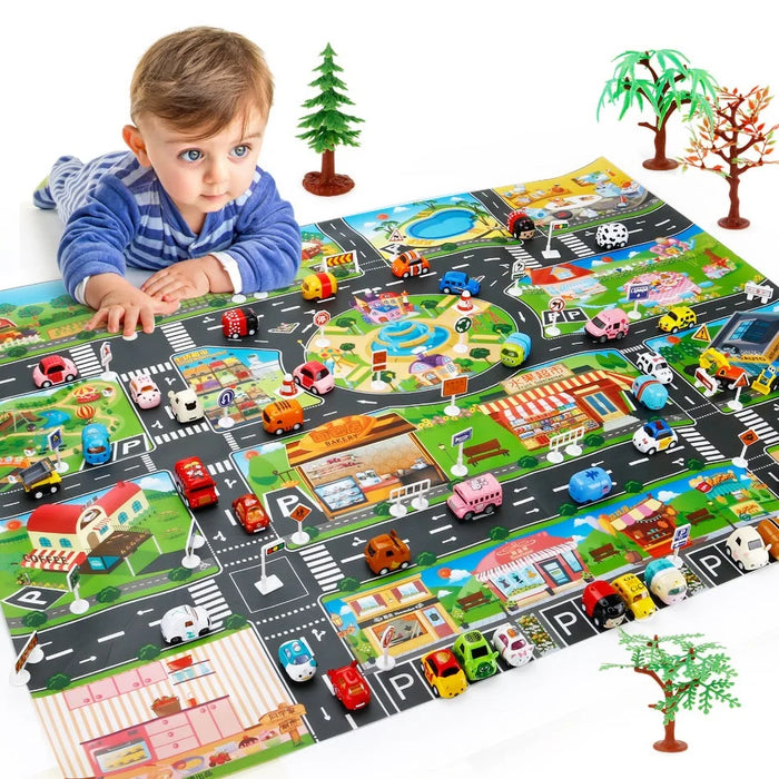 A baby in a striped shirt explores Lacatang Shop's Colorful Cartoon City Traffic Play Mat. This educational baby rug boosts cognitive skills with its roads, buildings, toy cars, and sprinkled toy trees—perfect as a Christmas or birthday gift.