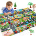 A baby in a striped shirt explores Lacatang Shop's Colorful Cartoon City Traffic Play Mat. This educational baby rug boosts cognitive skills with its roads, buildings, toy cars, and sprinkled toy trees—perfect as a Christmas or birthday gift.