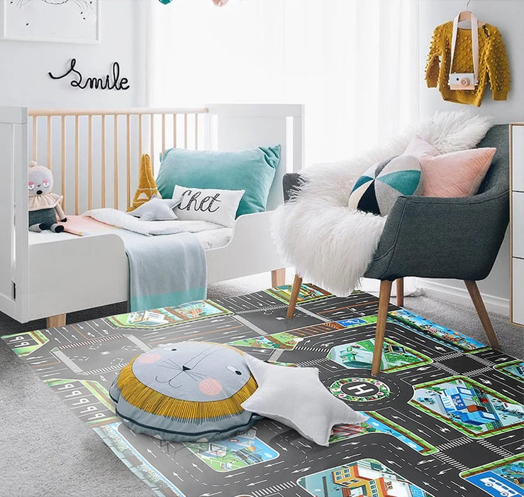 Children's City Traffic Educational Play Mat - 130x100 cm Non-Woven Carpet for Boys & Girls, Ideal for Bedrooms and Developmental Play