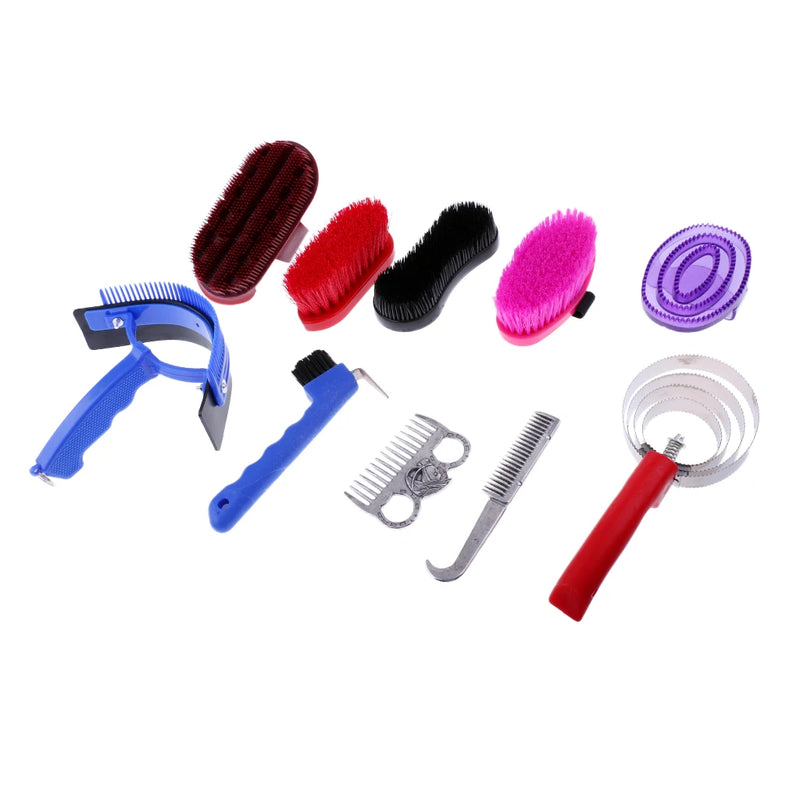 10-Piece Horse Grooming Kit with Brushes, Combs, Hoof Pick, and Carry Bag