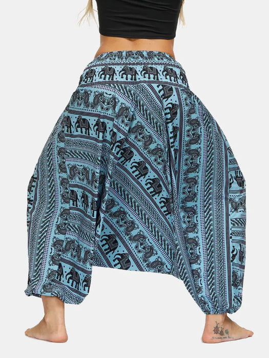 New Women Elephant Printed Track Pants Summer Elastic High Waist Bloomers Casual Indian Thailand Wide Leg Loose Dance Pants