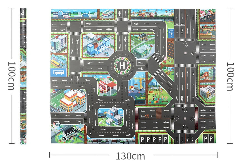 The Lacatang Shop's Colorful Cartoon City Traffic Play Mat with Toy Cars measures 130cm by 100cm and features roads, parking areas, buildings, and a helipad. This educational baby rug enhances cognitive skills with vibrant city elements like streets and intersections.