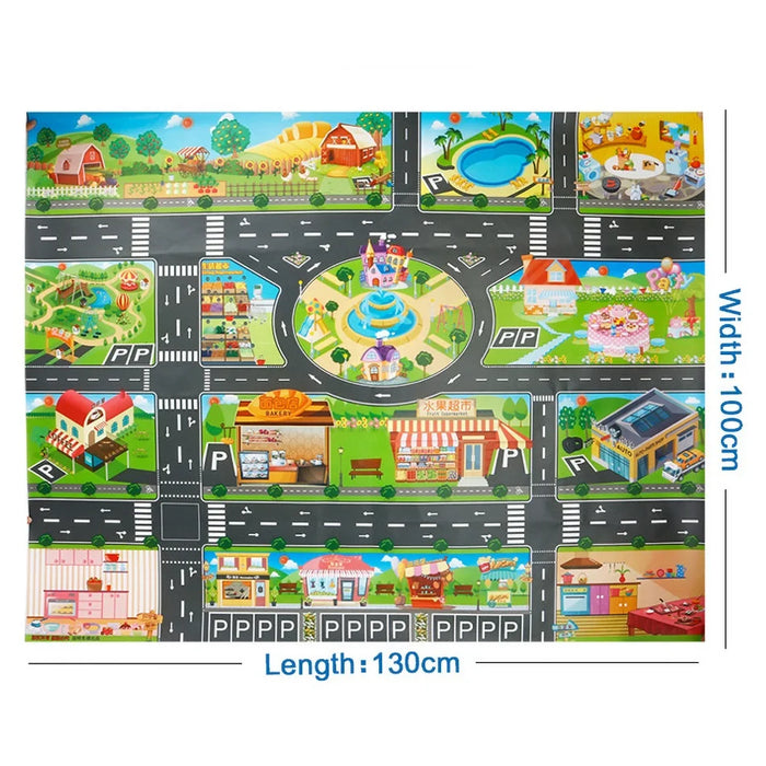 The Lacatang Shop's Colorful Cartoon City Traffic Play Mat with Toy Cars for Kids is a 130 x 100 cm educational baby rug featuring roads, parking spaces, buildings, trees, and playgrounds. It's designed to enhance cognitive skills with vibrant scenes and activities, perfect for Christmas and birthday gifts.