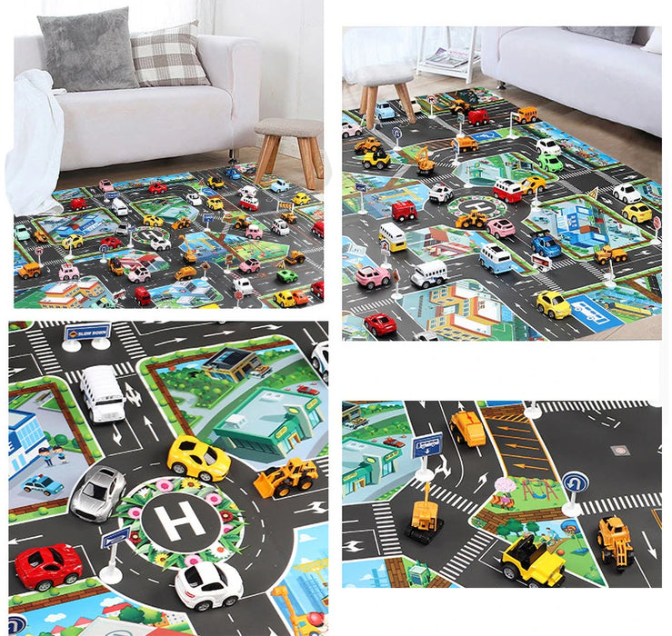 Gift your child a lively learning experience with the Lacatang Shop's Colorful Cartoon City Traffic Play Mat. Featuring toy cars, trucks, buildings, and a helicopter pad, this educational rug adds urban adventures to your living room. Perfect for Christmas or birthday presents!.