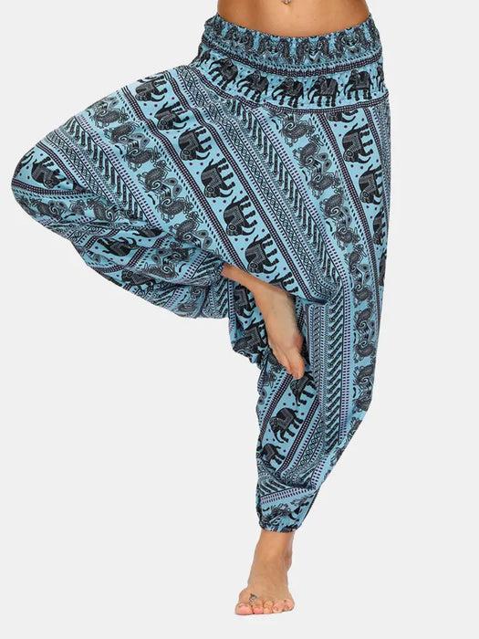 New Women Elephant Printed Track Pants Summer Elastic High Waist Bloomers Casual Indian Thailand Wide Leg Loose Dance Pants