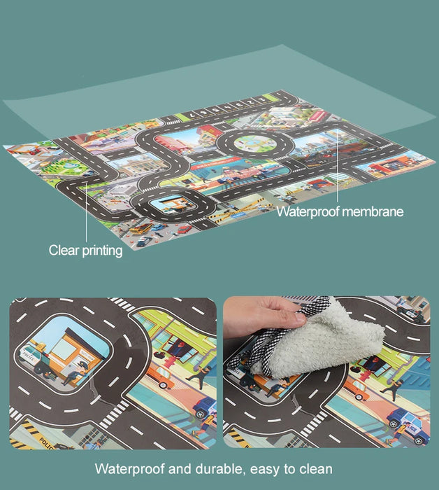 The Lacatang Shop City Traffic Play Mat for Babies features a colorful educational road map with labeled clear printing, a waterproof membrane, and durable, easy-to-clean material. It includes detailed streets with traffic signs and a parking area to promote road safety education through play.