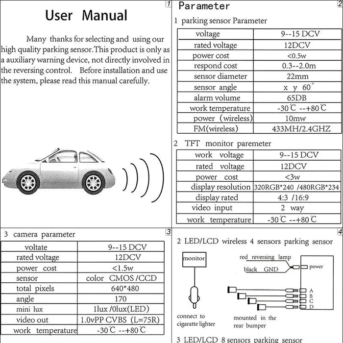 Weatherproof 4 Rear View Car Parking Sensor Reverse Backup Radar Kit with LED Display Monitor car parking system