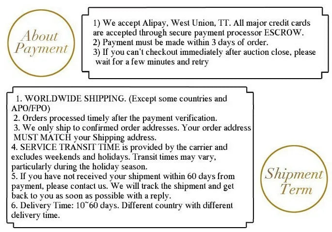 The document for the TURBO RACING 1:76 Drift Track Mat by Lacatang Shop outlines payment and shipment terms, covering Alipay and credit card payments via ESCROW, global shipping, transit times, delivery estimates, and stresses accurate address details for smooth transactions.