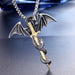 The Yellow Pandora Flying Dragon With Sword Necklace showcases a detailed dragon with outstretched wings, elegantly wrapped around a gold-toned sword. The intricate design highlights the texture of the dragon's scales and the sword's hilt, making it a standout piece. Crafted from alloy, this pendant necklace hangs gracefully from a silver chain.