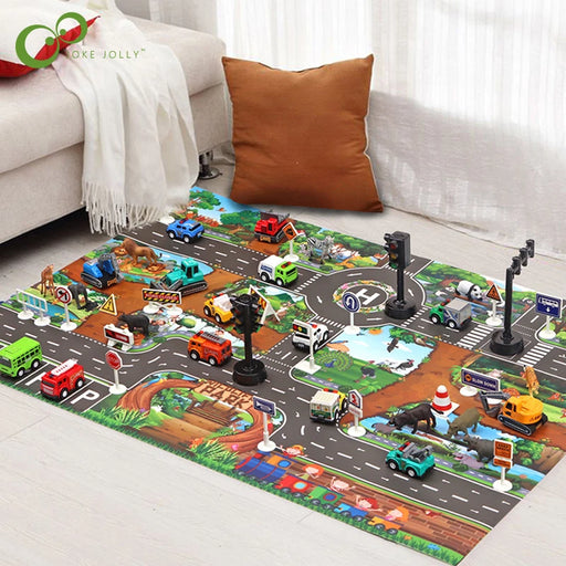 The Lacatang Shop's City Traffic Play Mat for Babies is an educational road map carpet featuring car parking, traffic signs, and vibrant road safety concepts with toy cars and animals. Cozy against a brown cushion near the sofa, it's perfect for your living room floor.