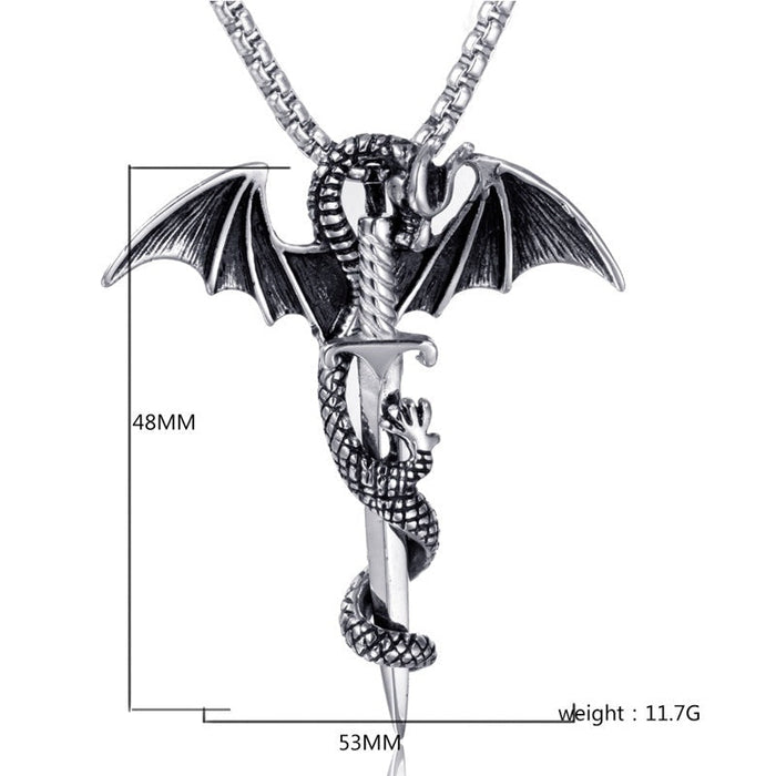 The Silver Dragon With Wings Pendant, intricately wrapped around a dagger, measures 48mm in height and 53mm in width. Weighing 11.7 grams, the Flying Dragon With Sword Necklace by Yellow Pandora is suspended from a matching chain.