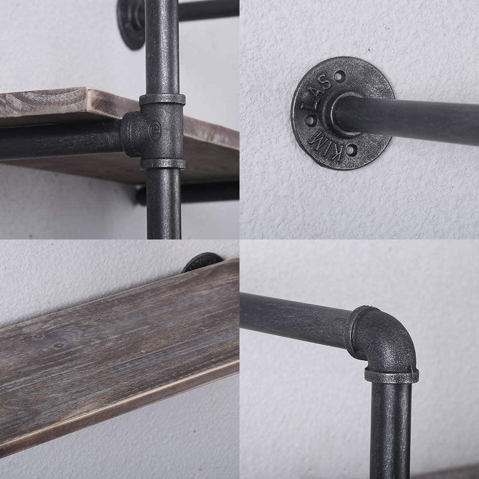 A collage of four close-up images showcases the details of the Teal Crius (2 Tier - 24in) Industrial Pipe Shelving. The industrial-style shelf features black metal pipes and flanges made from high-quality galvanized steel, paired with a wooden plank crafted from 100% pine solid wood. The texture and fittings of the metal and wood are highlighted in these detailed images.