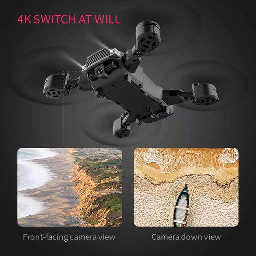 A black, advanced Drone Dual Camera Quadcopter from Lacatang Shop hovers against a dark background with the text "4K SWITCH AT WILL" above it. Two inset images showcase its dual camera views: one of a coastal landscape from the front-facing camera and the other of a boat on a sandy beach from the downward-facing camera, perfect for aerial photography.