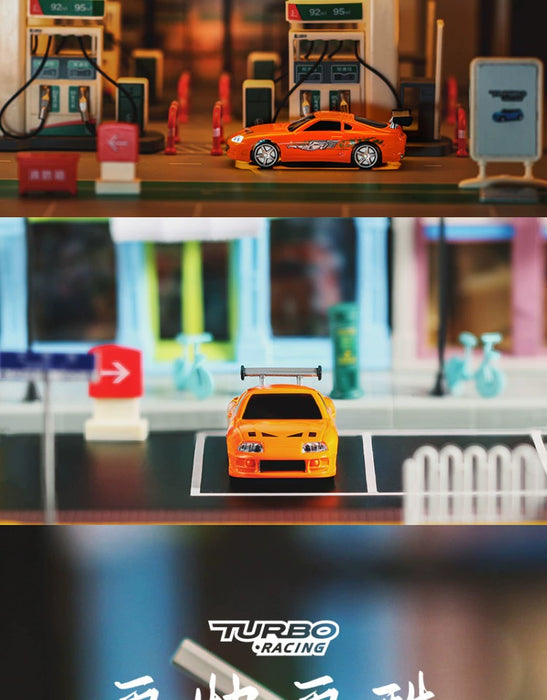 A series of three stacked images featuring a Turbo Racing 1:76 Miniature Full-Scale C71c72c73c74 Remote Control Electric Drift Sports Car Toy from Lacatang Shop in orange. The top image shows the car at a gas station, the middle image has it parked on a street with two bicycles in the background, and the bottom image displays the TURBO RACING logo.