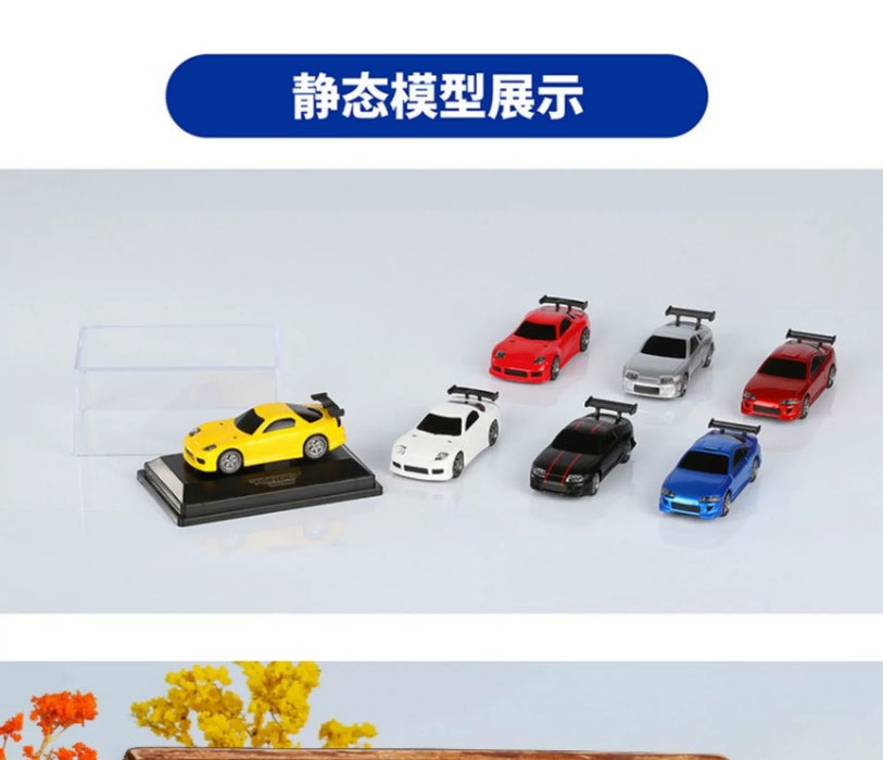 A display of seven miniature car models, including a yellow Turbo1/76 Miniature RC Remote Control Electric Sports Car on a black stand, two white cars, one black car, two red cars, and one blue car—each resembling the Lacatang Shop's Turbo1/76 Miniature RC Remote Control Electric Sports Car with black spoilers. A transparent cover sits next to the yellow micro RC car. Chinese text is visible at the top.