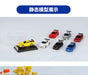 A display of seven miniature car models, including a yellow Turbo1/76 Miniature RC Remote Control Electric Sports Car on a black stand, two white cars, one black car, two red cars, and one blue car—each resembling the Lacatang Shop's Turbo1/76 Miniature RC Remote Control Electric Sports Car with black spoilers. A transparent cover sits next to the yellow micro RC car. Chinese text is visible at the top.