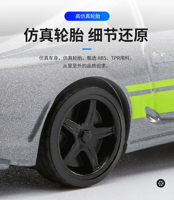 Close-up of a toy car's wheel with text in Chinese promoting the realistic details of the wheel. The text highlights the use of ABS and TPR materials and the car's overall quality. The background features part of the Turbo1/76 Miniature RC Remote Control Electric Sports Car C71 C72 C73 Simulation Toyota Mini Desktop Remote Control Car from Lacatang Shop, which is grey with a green stripe.