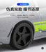 Close-up of a toy car's wheel with text in Chinese promoting the realistic details of the wheel. The text highlights the use of ABS and TPR materials and the car's overall quality. The background features part of the Turbo1/76 Miniature RC Remote Control Electric Sports Car C71 C72 C73 Simulation Toyota Mini Desktop Remote Control Car from Lacatang Shop, which is grey with a green stripe.