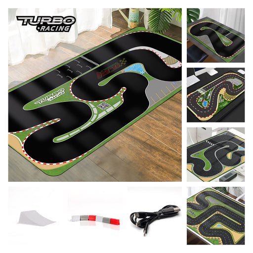 A collage displays images of the Lacatang Shop Turbo Mini Drift Scene Remote Control Car Track, featuring a black and green design with intricate curves. The larger image shows the full layout, while smaller images spotlight sections and accessories like a charging cable and connectors.