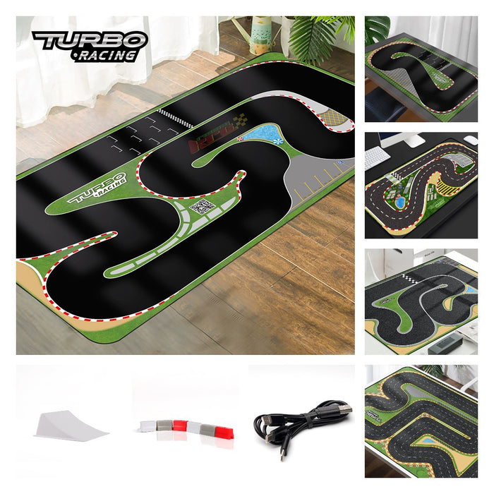 The Turbo Drift Remote Control Car Track from Lacatang Shop features a black and green toy racetrack mat with winding paths, a folded mat, curved yellow ramp, connecting pieces, and a black USB cable for versatile drifting fun.