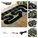 Images display the Turbo Remote Control Drift Car Track for All Ages by Lacatang Shop, featuring winding track layouts on a wooden floor. Accessories like a charging cable, road pieces, and a Turbo Remote Control Drift Car enhance the racing experience.