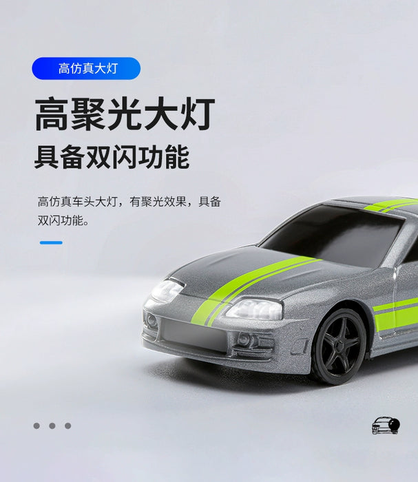 The image showcases a Turbo1/76 Miniature RC Remote Control Electric Sports Car from Lacatang Shop, featuring a green stripe on a white background. Chinese text and graphics emphasize the toy's features, such as its high-fidelity headlights with dual flashing functionality. A small icon of the Turbo1/76 car is located in the bottom right corner.