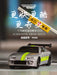 A 1:76 scale micro RC remote control car in silver with yellow racing stripes is featured prominently. The background has Chinese text in white, a yellow road sign, and a colorful blurred backdrop. The title reads "Turbo Racing." The electric sports car model number is C71 C72 C73, branded by Lacatang Shop under the product name Turbo1/76 Miniature RC Remote Control Electric Sports Car Simulation Toyota Mini Desktop Remote Control Car.