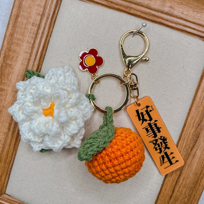 Citrus Gardenia Crochet Keychain Kit - Hand-Woven Wool Pendant for DIY Gifts